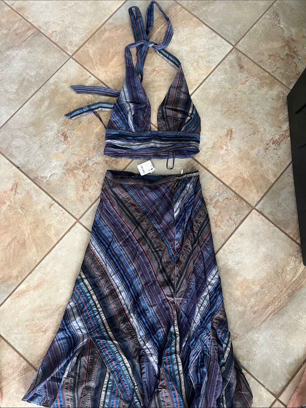 Striped Blue Halter Skirt Set - Women
